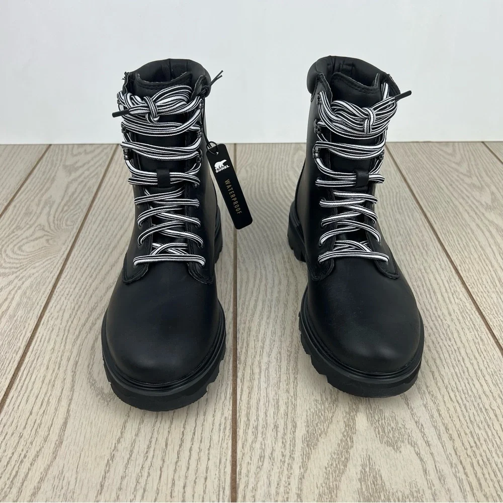 Sorel Women's Lennox Leather Lace-Up STKD WP Boots US8.5 Black / Sea Salt $190